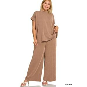 Zenana NWOT Brown Raised Rib Short Sleeve Tee & Pants Set Size 3X